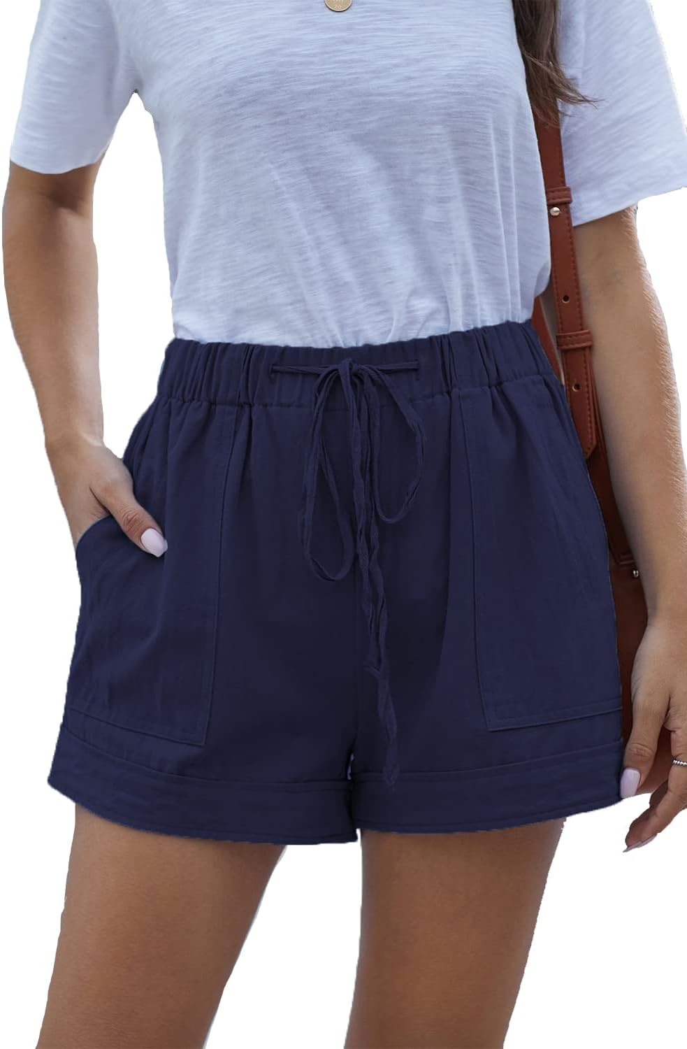 Damen leichte Shorts, lässig, weit geschnitten, trendige kurze Hose, elastischer Bund mit Kordelzug, bequeme Shorts