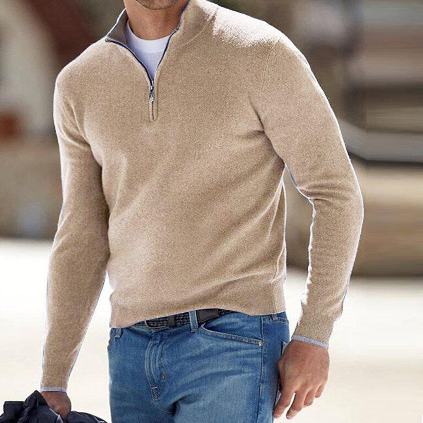 Herren Pullover Strick Einfarbig Stehkragen Halb Reißverschluss Pullover