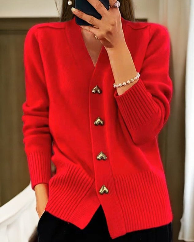 Damen Elegante Strickjacke mit Herzknöpfen